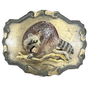 Raccoon Vintage 1977 Raintree Men's Brass Belt Buckle 3D Enamel 3.75" Retro 70's